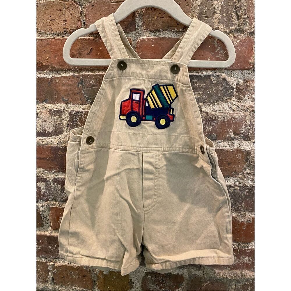 A Little Angel Vintage Beige Overall Bib Shorts with Multi Color Cement Mixer Ba